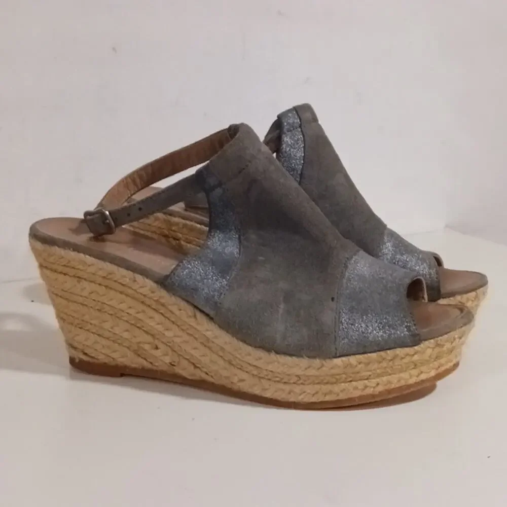 Eric Michael Blue Gray Suede Platform Espadrilles Womans sz 39/8.5-9 Ankle Strap